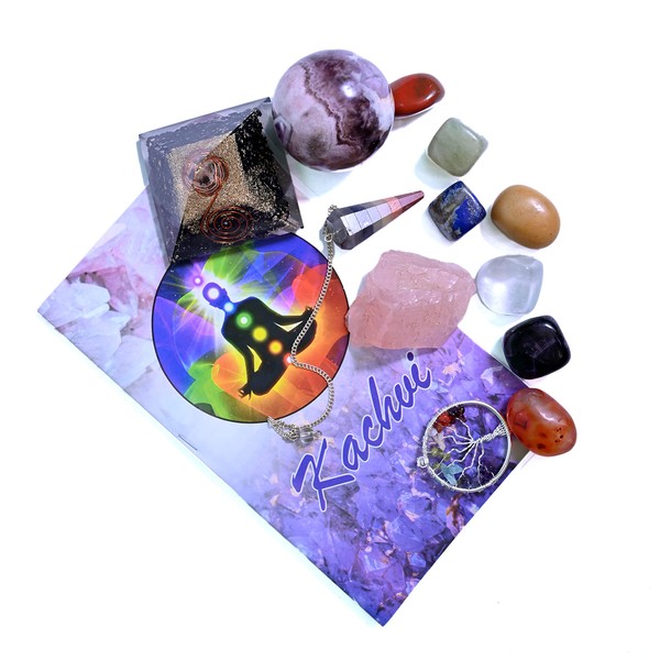 KACHVI Healing Crystals and Gemstones 7 Chakra Tumbled Stones Crystal Healing Set of 13 Pieces Meditation Spiritual Crystal Gifts for Women Natural with Reiki Dowsing Rod Pendulum