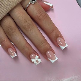 Goiern Pink Press On Nails Short Square Fake Nails White French Tip Full Cover Glue On Nails Solid Colour Glossy Nude Pink Designs Cute False Nails Pack of 24