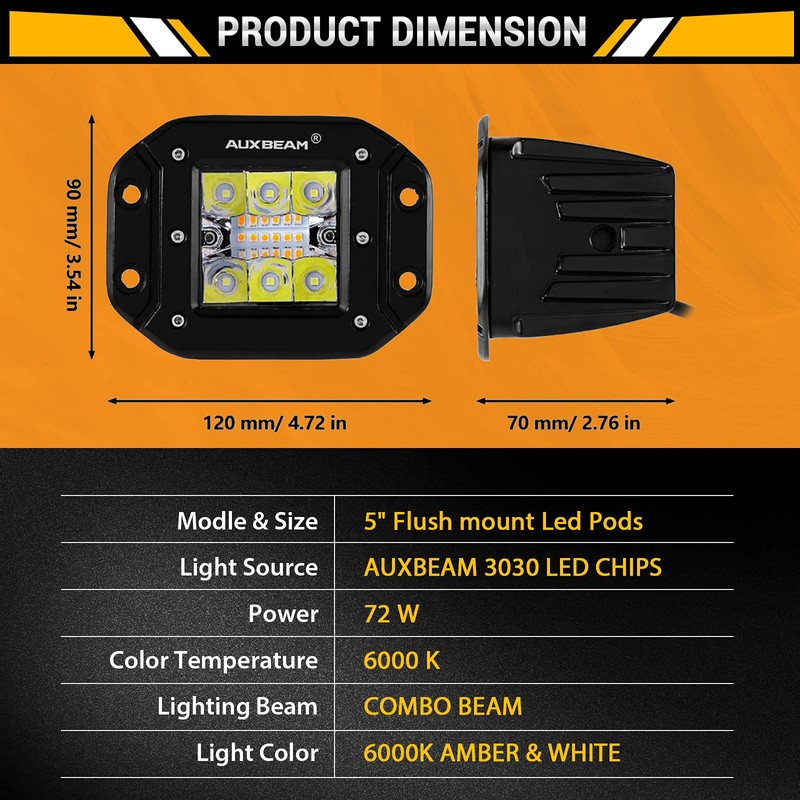 Auxbeam 5Inch LED Pod Lights, 72W Flush Mount Driving Strobe