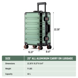 UrbanExplorer All Aluminum Carry On Luggage Hard Shell Suitcases with Spinner Wheels Zipperless Luggage 20 inch Small Carry On Suitcase for Short Trips, Dark Green