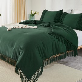 Andency Full Size Comforter Set Emerald Green, Dark Green Boho Tassel Lightweight Vintage Soft Bedding Comforter Sets, 3 Pieces All Season Fluffy Fringe Bed Set (79x90In Comforter & 2 Pillowcases)