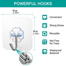 20 Pack Sticky Wall Hooks are Transparent and Thick, Could Hang 44lbs/20kg Max. They are Waterproof, Oilproof and Seamless, Suitable for Kitchens, Restrooms, Bathrooms and More (20)