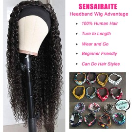 SENSAIRUITE Headband Wig Human Hair 16 Inch Deep Wave Headband Wigs for Black Women 180% Density Wear and Go Glueless Curly Wig Natural Color