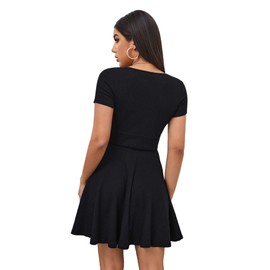 Verdusa Women's Surplice Neck Short Sleeve Mini Wrap A Line Fit and Flare Dress Black L