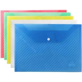 D&S* MART 5 Pack A4 Plastic Wallets - Clear Plastic Paper Wallets for Document Storage and Office Organization Supplies - Lightweight Transparent Folders with Snap Closure in 5 Assorted Color