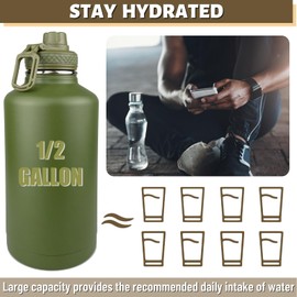 DEFUNX Half Gallon Water Bottle with Sleeve - 64 Oz Insulated Water Jug with Handle - Green Stainless Steel Sports Water Bottle for Gym Workout Hiking Tactical Bottle Holder with Pouch Camo
