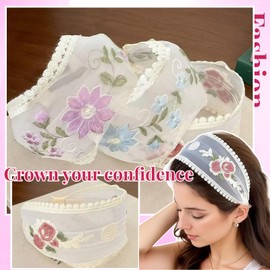 3 Stück Frauen Breite Haarband 9 cm, Blumenstickerei Mesh-Haarband, Bequeme Anti-Rutsch-Haarbänder mit Kammzähnen für Frauen und Mädchen Haaraccessoires (9CM Stil B, Einheitsgröße)