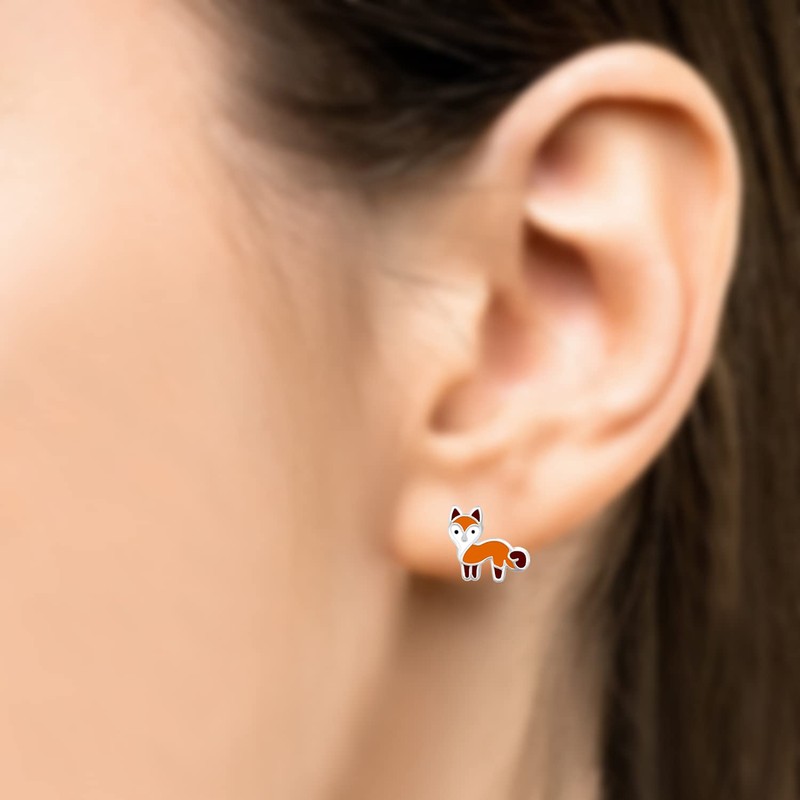 9mm Orange & Brown Fox Studs Solid 925 Sterling Silver