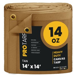 PROTARP Heavy Duty 14 OZ Water Resistant Canvas Tarp, UV Resistant Tarpaulin Cover with Rustproof Brass Grommets, Multipurpose for Canopy, Roof, Camping, Woodpile (Tan 14'X14')