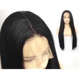 BLUPLE Long Straight 13x6 Lace Front Wigs #1b Black Natural Heat Resistant Synthetic Hair Half Hand Tied Wigs for Women Cosplay Daily Wear (Black, 22 inches)