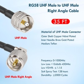 MOOKEERF CB Coax Cable - RG58 UHF PL-259 Male to Male Right Angle Coaxial Cable 35FT Low Loss Cb Antenna Cable Jumper Cable for CB Radio, HAM Radio, Antenna Analyzer, SWR Meter (2PACK)