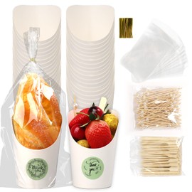 DeziWood 50 Sets Disposable Charcuterie Cups with Sticks and Bags, 14 oz White Kraft Paper Snack Boxes Appetizers Cup French Fry Holder with Cocktail Picks