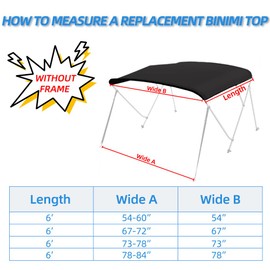Seapisode 3 Bow Fade and Crack Resistant Bimini Top Replacement Cover，600D Marine Grade Polyester Waterproof Sun Shade Boat Canopy，Easy Install Zipper Sleeves Boat Awning,Black 6'L 54"-60" W