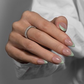 KQueenest Mint Green French Tip Press On Nails Short Almond, 30 Pcs Acrylic Press On Nails With Glue, Glossy Soft Gel Short Fake Nails Press ons, Reusable Natural Nude Glue on Nails for Women Summer