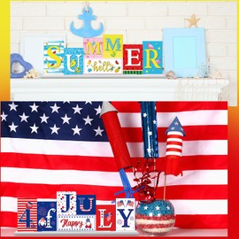 Chunful Reversible Hello Summer 4th of July Decorations for Home Wooden Memorial Day Patriotic Table Decoration Summer Table Centerpieces Red White Blue Flamingo Watermelon Independence Day Sign