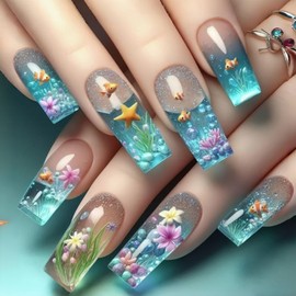 24Pcs Press on Nails Medium Long Coffin French Tip with Blue Ocean Flower Fish Design Acrylic Nails Fake Nails Thick Glossy Full Cover Glue on Nails Stick on Nails for Women Y932