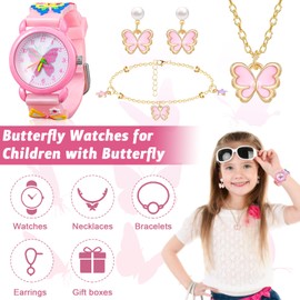Kids Watches with Jewelry Set, Kids Watch Girls Watch Pink Cute Cartoon Wrist Watches Kids Butterfly Watch Childrens Butterfly Watch Necklace Bracelet Earrings for Children Girls Birthday Gift,5 PCS