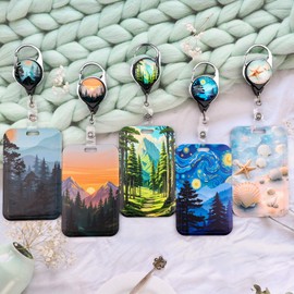 Mountain ID Badge Holder Retractable Lanyard with Card Holder Work Heavy Duty Keychian Badge Reel Clip Breakaway Trees Neck Lanyard for Keys ID Badge for Women Teens Men Teachers Nurese Staff