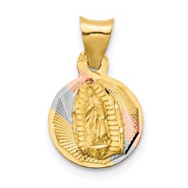 Saris and Things 14k Yellow Gold with Rhodium Solid Polished & Diamond Cut Lady of Guadalupe Circle Charm Pendant