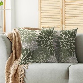 Dark Sage Green Flower Pillow Covers 18X18 Inch Set of 2, Grey Gray Dahlia Floral Spring Summer Cream Decorative Throw Pillow Covers Outdoor Modern Farmhouse Cushion Case for Home Couch Sofa Bed Decor