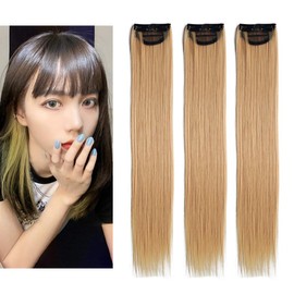 Gold Clip in Hair Extensions 22inch Long Straight Colored Clip on Hairpieces Colorful Party Highlights Synthetic Hair With Net Cap 4Pcs (Linen Gold)