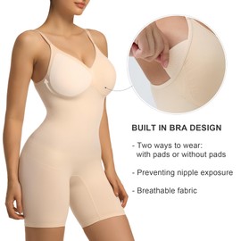 SHAPERX Women's Seamless Shapewear Tummy Control Bodysuit with Removable Pads Mid Thigh Body Shaper,SZ5468-Beige-2XL-Plus