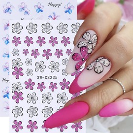 6 Sheets Colorful Flower Nail Stickers Spring Summer Gradient Flower Nail Decals with Black Border Design 3D Self-Adhesive Nail Design Stickers for Women Girls DIY Manicure Decoration Supplies