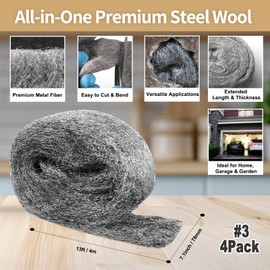 Shineboc Steel Wool Mice Control, 4 Pack of 3.1" x13 Ft #3 Steel Wool Roll Gap Filler for House Garage Garden, Keep Mice Away from Holes Siding Pipeline Vents Wood Metel Polishing, Extra Coarse