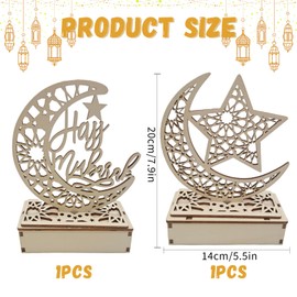 Eid Mubarak Ramadan Decoration Lamp, Pack of 2 Ramadan LED Lamp, Eid Mubarak Wooden Night Light, Wooden Table Decoration Moon Lamp, Muslim Ramadan Night Light for Eid Mubarak Gifts Parties Decoration