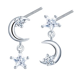 CONILOK Unbalanced Zircon Star Moon Earrings Silver 925 Stud Earrings Silver Women's Jewellery Earring Gifts for Women Girls Girlfriend Mother Birthday Wedding Christmas Day, Silver, Cubic Zirconia