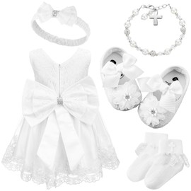 Bunnycool 5 Pcs Baby Girl Baptism Outfit Includes Lace Christening Dresses Bowknot Headwear Cross Charm Bracelet Socks Shoes(0-6 Month)