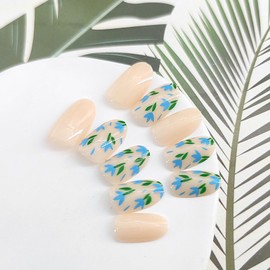 Press on Nails Short Round Fake Nails with Blue Flower Green Leaves Designs Glue on Nails Milky Full Cover Nails Press ons Glossy False Nails Artificial Stick on Nails for Women 24 Pcs