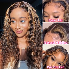 Pizazz Honey Blonde Lace Front Wigs Human Hair Pre Plucked 4/27 Ombre Highlight HD Lace Frontal Wigs with Baby Hair 180 Density 13x4 Deep Wave Frontal Wig(16 Inch, Brown mix gloden color)