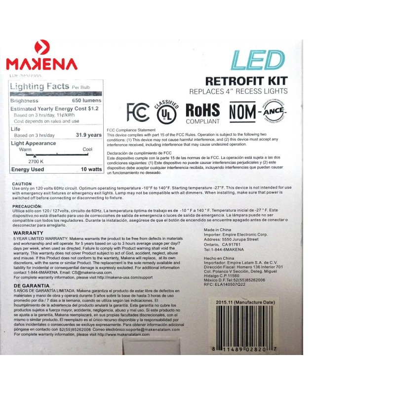 MAKENA Retrofit Kit LED 65w Dimmable 4'' inch Recessed Ceiling