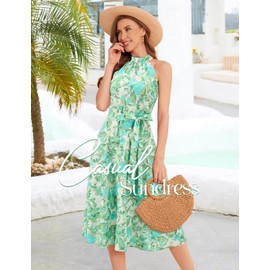 Bbonlinedress Halter Summer Floral Midi Tropical Dresses for Women Casual Sundress Beach Wedding Flowy Fit & Flare Sleeveless Dress Green Blue Flower M