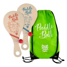 PICK A TOY Wooden Paddle Ball with String (Set of 2) with Green Carry Bag - Indoor Outdoor Toy: Kids Fun and Classic Paddleball Game for Boys and Girls, Party Favor Toys Ages 4+