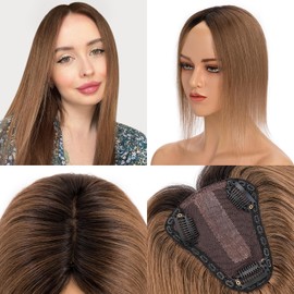 Human Hair Toppers for Women Real Human Hair No Bangs Toppers Hair Pieces for Women with Thinning Hair Upgraded Silk Base 150% Density Clip in Remy Hair Topper 12 inch Ombre Light Brown with Dark Root