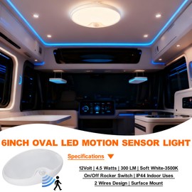 Dream Lighting 12V DC LED Pancake Light for RV Automotive Caravan Ceiling Lighting Fixture-with Motion Sensor Switch, Ultra Bright, 300 lumens, 3500K