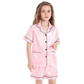 SWOMOG Kids Satin Pyjamas Girls Boys Short Sleeve Pjs Sets Two Pockets Silky Nightwear 2 Piece Button-Down Skeepwear for 4-13 Pink