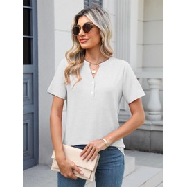 TICTICMIMI Women's V Neck Short Sleeve Tops Button Down Casual T Shirts Basic Dressy Tees White