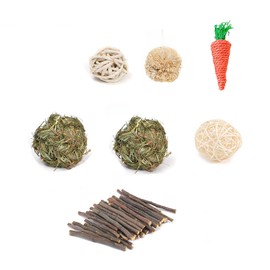 7 Pcs Natural Small Animal Chew Toy Set, Guinea Pigs, Natural Grass, Rattan, Carrot, Corn Sticks for Hamsters, Gerbils, Squirrels
