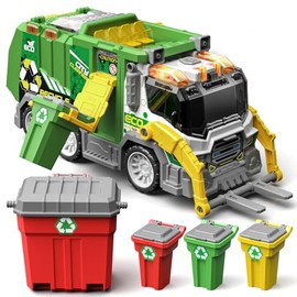 Large Friction Powered Garbage Truck Toy Set with Light & Sound - ECO City Cleaner with Recycle Dumpster, 4 Color-Coded Trash Bins & 2 Ejection Cars, Ideal Birthdays for Toddlers Boys Girls