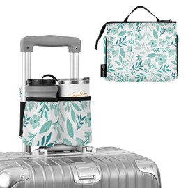 ElliTarr Luggage Cup Holder for Suitcases Free Hands Suitcase Cup Holder Travel Luggage Drink Holder Portable Luggage Cup Caddy Bag Carrier with Handle Teal Green Flowers Leaves