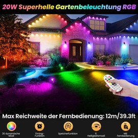 MEIKEE 20 W RGB Garden Lighting 1880 LM 10 Colours 30 Dynamic Modes IP66 Waterproof Garden Light Timing Function Garden Spotlight Ideal for Outdoors, Garden, Patio, Tree, Paths, Pack of 2