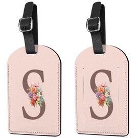 Deokke 2 Pack Initial Letter Luggage Tag Monogram Suitcase Tags PU Leather Cover Aesthetic Cute Monogrammed Travel Bag Labels for Women Girls Men (Pink-S)