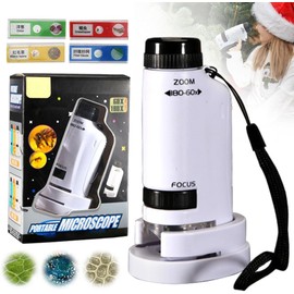 Microscopio Portátil para Niños, Microscopio de Bolsillo con Aumento 60X-180X, con Iluminación LED, Regalos de Navidad, Portátil Mini Microscopio para Fácil de Usar, para Niños y Adultos(Blanco)