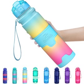 Zounich Drinking Bottle, 1 Litre, BPA-Free, Leak-Proof, 500 ml, Plastic Sports Drinking Bottles for Children, School, Drinking Bottles, Filter Litre, Suitable for Carbonated Drinks, 500 ml, Blue/Yellow/Pink Colour Gradient
