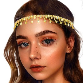 Yokawe Rhinestone Headband Crystal Head Chain Elastic Boho Sparkle Tassel Headpieces for Women (Gold B)