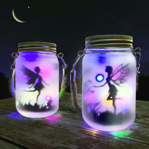 Alritz 2 Pack Solar Lantern Fairy Lights, Garden Ornament Lights - Outdoor Hanging Frosted Glass Mason Jar Lights for Tree, Table, Yard, Garden, Patio, Lawn (Color)