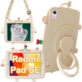 A-BEAUTY Protective Case Compatible with Redmi Pad SE (11 Inch) Tablet 2023, Cute Cat Children's Case with 360° Rotating Handle, Pen Holder, Shoulder Strap
